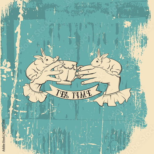 Creative vector illustration of woman hands with cup of tea and bunnies made in hand drawn realistic style. Template for postcard banner poster print for t-shirt