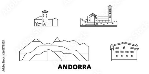 Andorra flat travel skyline set. Andorra black city vector panorama, illustration, travel sights, landmarks, streets.