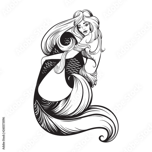 Vector illustration of beautiful mermaid with long hair made  in realistic hand drawn sketch line stile. Template for postcard poster banner and print for t-shirt