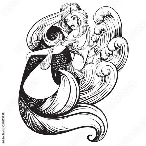 Vector illustration of beautiful mermaid with long hair and sea waves mad in realistic hand drawn sketch line stile. Template for postcard poster banner and print for t-shirt