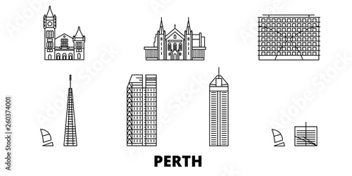 Australia, Perth flat travel skyline set. Australia, Perth black city vector panorama, illustration, travel sights, landmarks, streets.