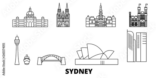 Australia, Sydney flat travel skyline set. Australia, Sydney black city vector panorama, illustration, travel sights, landmarks, streets.