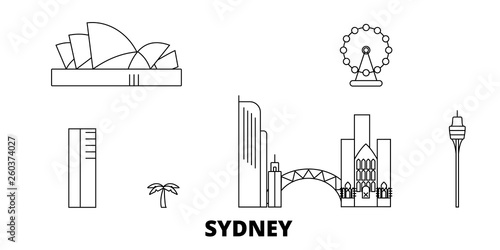 Australia, Sydney City flat travel skyline set. Australia, Sydney City black city vector panorama, illustration, travel sights, landmarks, streets.