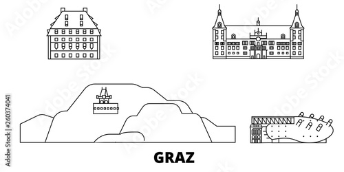 Austria, Graz flat travel skyline set. Austria, Graz black city vector panorama, illustration, travel sights, landmarks, streets.