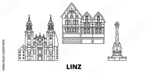Austria, Linz flat travel skyline set. Austria, Linz black city vector panorama, illustration, travel sights, landmarks, streets.
