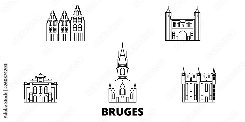 Obraz premium Belgia, zestaw panoramę płaskich podróży Brugia. Belgia, czarna panorama wektor miasta Brugia, ilustracja, zabytki turystyczne, zabytki, ulice.
