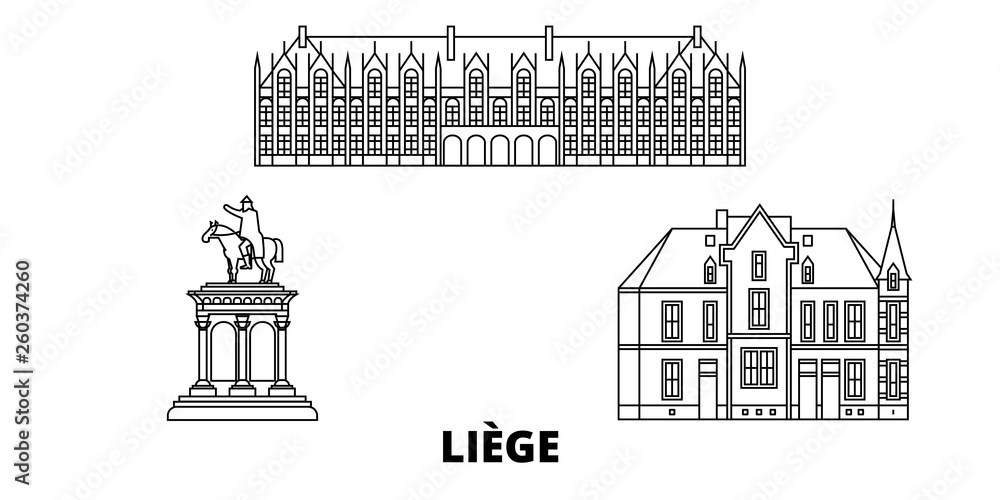Belgium, Liege flat travel skyline set. Belgium, Liege black city vector panorama, illustration, travel sights, landmarks, streets.