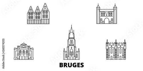 Belgium, Bruges flat travel skyline set. Belgium, Bruges black city vector panorama, illustration, travel sights, landmarks, streets.