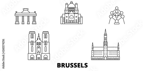 Belgium, Brussels flat travel skyline set. Belgium, Brussels black city vector panorama, illustration, travel sights, landmarks, streets.