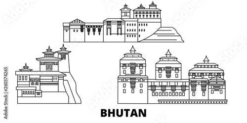 Bhutan flat travel skyline set. Bhutan black city vector panorama, illustration, travel sights, landmarks, streets.