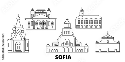 Bulgaria, Sofia flat travel skyline set. Bulgaria, Sofia black city vector panorama, illustration, travel sights, landmarks, streets.