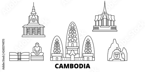 Cambodia flat travel skyline set. Cambodia black city vector panorama, illustration, travel sights, landmarks, streets.