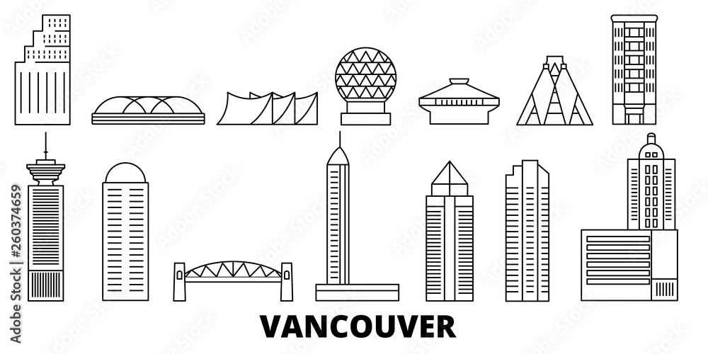 Fototapeta premium Kanada, zestaw panoramę płaskiej podróży Vancouver. Kanada, czarna panorama wektor miasta Vancouver, ilustracja, zabytki turystyczne, zabytki, ulice.