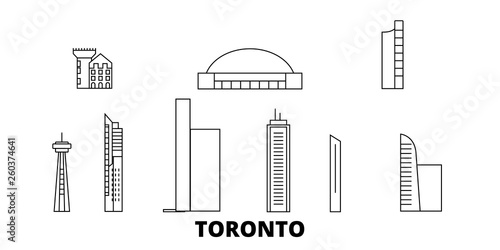Canada, Toronto City flat travel skyline set. Canada, Toronto City black city vector panorama, illustration, travel sights, landmarks, streets.
