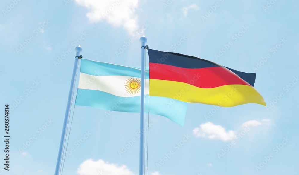 Argentina and Germany, two flags waving against blue sky. 3d image Argentina and Germany, two flags waving against blue sky. 3d image