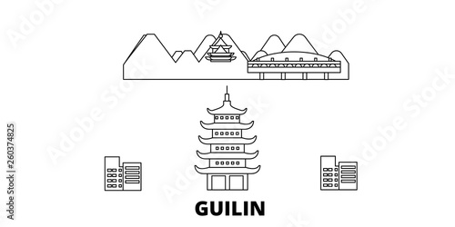 China, Guilin flat travel skyline set. China, Guilin black city vector panorama, illustration, travel sights, landmarks, streets.