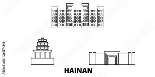 China, Hainan flat travel skyline set. China, Hainan black city vector panorama, illustration, travel sights, landmarks, streets.