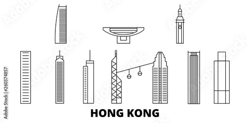 China, Hong Kong flat travel skyline set. China, Hong Kong black city vector panorama, illustration, travel sights, landmarks, streets.