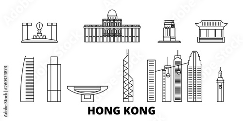 China, Hong Kong City flat travel skyline set. China, Hong Kong City black city vector panorama, illustration, travel sights, landmarks, streets.