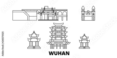 China, Wuhan flat travel skyline set. China, Wuhan black city vector panorama, illustration, travel sights, landmarks, streets.