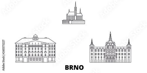 Czech Republic, Brno flat travel skyline set. Czech Republic, Brno black city vector panorama, illustration, travel sights, landmarks, streets.