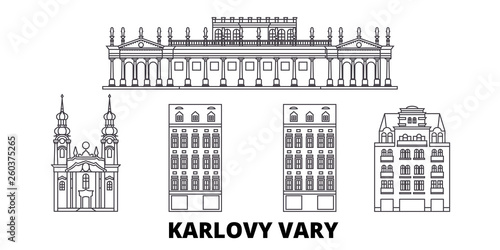 Czech Republic, Karlovy Vary flat travel skyline set. Czech Republic, Karlovy Vary black city vector panorama, illustration, travel sights, landmarks, streets.