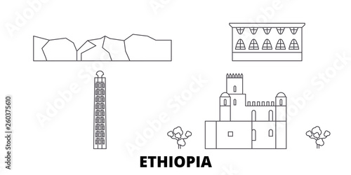 Ethiopia flat travel skyline set. Ethiopia black city vector panorama, illustration, travel sights, landmarks, streets.