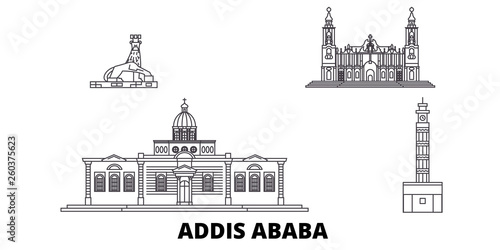 Ethiopia, Addis Ababa flat travel skyline set. Ethiopia, Addis Ababa black city vector panorama, illustration, travel sights, landmarks, streets.