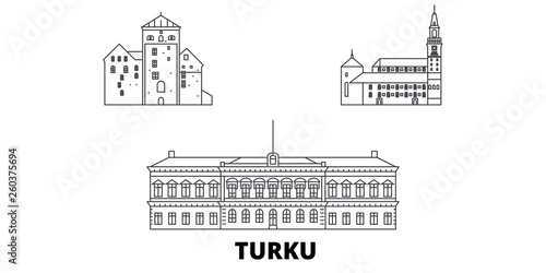 Finland, Turku flat travel skyline set. Finland, Turku black city vector panorama, illustration, travel sights, landmarks, streets.