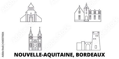 France, Bordeaux flat travel skyline set. France, Bordeaux black city vector panorama, illustration, travel sights, landmarks, streets.