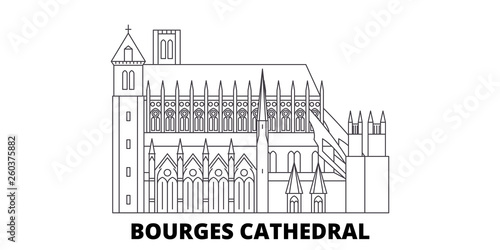 France, Bourges Cathedral Landmark flat travel skyline set. France, Bourges Cathedral Landmark black city vector panorama, illustration, travel sights, landmarks, streets.