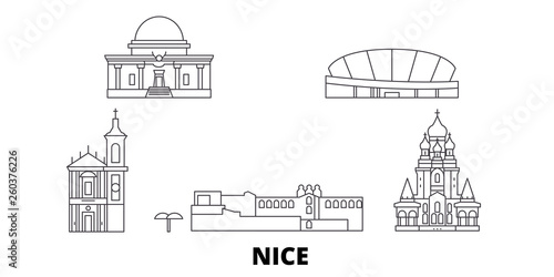 France, Nice flat travel skyline set. France, Nice black city vector panorama, illustration, travel sights, landmarks, streets.