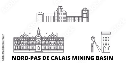 France, Nord Pas De Calais Mining Basin  flat travel skyline set. France, Nord Pas De Calais Mining Basin  black city vector panorama, illustration, travel sights, landmarks, streets.