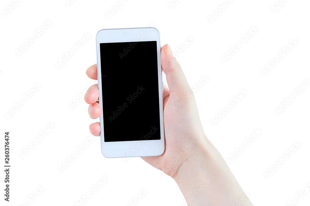 White smartphone with a black display in the hand of a Caucasian girl. Close-up. White smartphone with a black display in the hand of a Caucasian girl. Close-up.