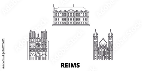 France, Reims flat travel skyline set. France, Reims black city vector panorama, illustration, travel sights, landmarks, streets.