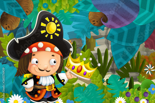 Fototapeta Naklejka Na Ścianę i Meble -  cartoon scene with pirate in the jungle holding royal crown - illustration for children