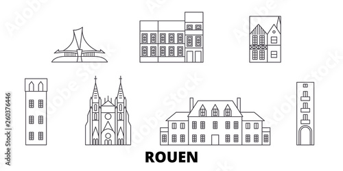 France, Rouen flat travel skyline set. France, Rouen black city vector panorama, illustration, travel sights, landmarks, streets.