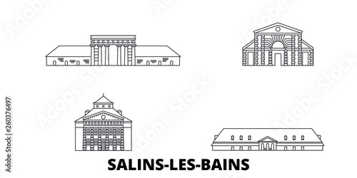France, Salins Les Bains flat travel skyline set. France, Salins Les Bains black city vector panorama, illustration, travel sights, landmarks, streets.