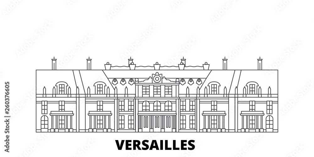 France, Versailles flat travel skyline set. France, Versailles black city vector panorama, illustration, travel sights, landmarks, streets.