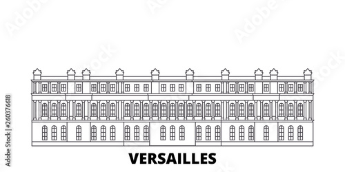 France, Versailles Landmark flat travel skyline set. France, Versailles Landmark black city vector panorama, illustration, travel sights, landmarks, streets.