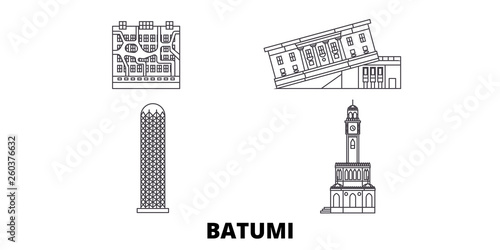 Georgia, Batumi flat travel skyline set. Georgia, Batumi black city vector panorama, illustration, travel sights, landmarks, streets.