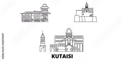 Georgia, Kutaisi flat travel skyline set. Georgia, Kutaisi black city vector panorama, illustration, travel sights, landmarks, streets.