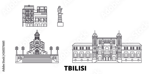 Georgia, Tbilisi flat travel skyline set. Georgia, Tbilisi black city vector panorama, illustration, travel sights, landmarks, streets.