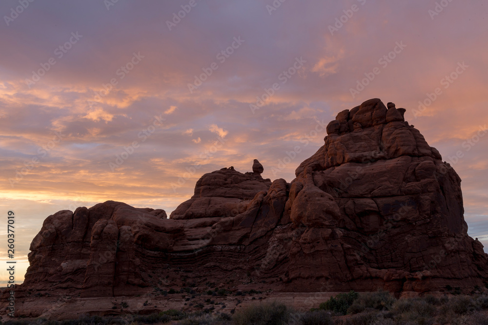 Beautiful red rock formation in Arches National Park at sunrise, Utah, USA