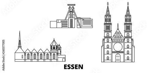 Germany, Essen flat travel skyline set. Germany, Essen black city vector panorama, illustration, travel sights, landmarks, streets.
