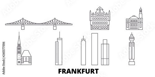 Germany, Frankfurt flat travel skyline set. Germany, Frankfurt black city vector panorama, illustration, travel sights, landmarks, streets.