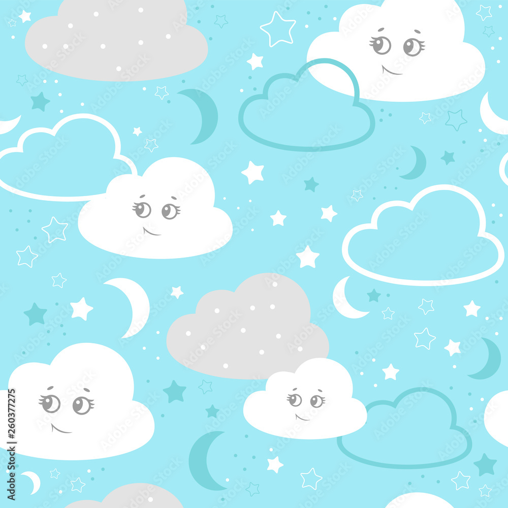 Children seamless pattern with cute clouds, stars on a blue background. vector illustration baby seamless pattern Children seamless pattern with cute clouds, stars on a blue background. vector illustration baby seamless pattern