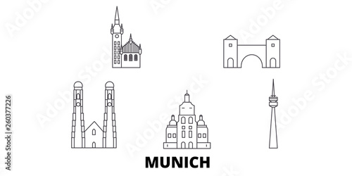 Germany, Munich flat travel skyline set. Germany, Munich black city vector panorama, illustration, travel sights, landmarks, streets.