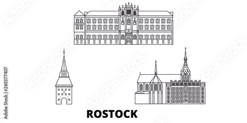 Germany, Rostock flat travel skyline set. Germany, Rostock black city vector panorama, illustration, travel sights, landmarks, streets.