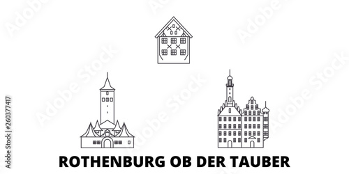 Germany, Rothenburg Ob Der Tauber flat travel skyline set. Germany, Rothenburg Ob Der Tauber black city vector panorama, illustration, travel sights, landmarks, streets.